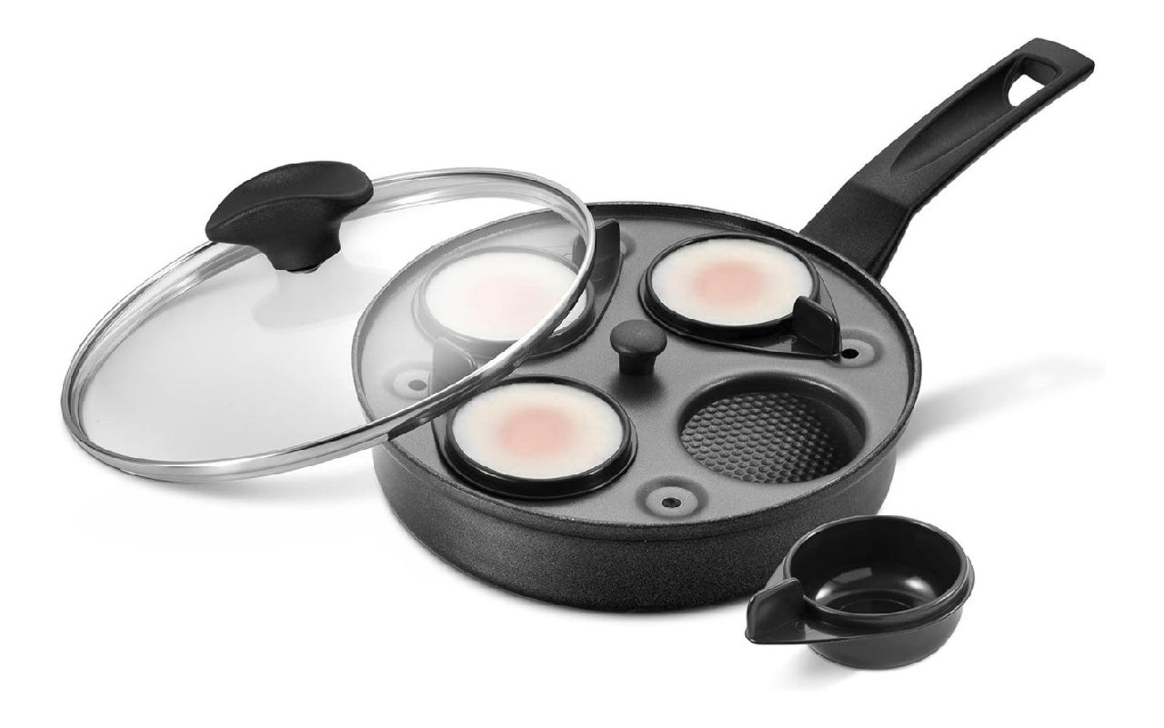 Prestige à Pocheuse œufs – Machine à œufs pochés 2 en 1 avec 4 inserts antiadhésifs et poêle à frire à induction de 20 cm possédant couvercle poignée qui reste froide passe au lavevaisselle