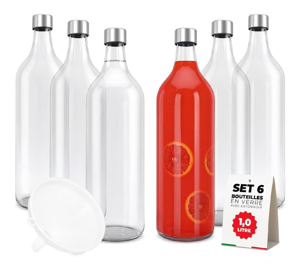 du Lot TUNDRA 6 Bouteille Verre 1l avec 6 Bouchons à Vis et 1 Entonnoir Bouteilles en Verre 1 Litre HERMÉTIQUES Reutilisables Résistantes Lavables au LaveVaisselle pour Eau Jus et Boissons