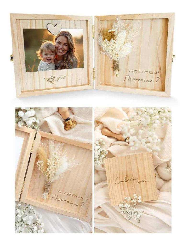Coon Coffret Joli en bois destiné à demande marraine Veuxtu être ma marraine Vraies fleurs séchées emplacement photo avec aimant en cœur gravure intérieure fermoir métallique prêt à offrir