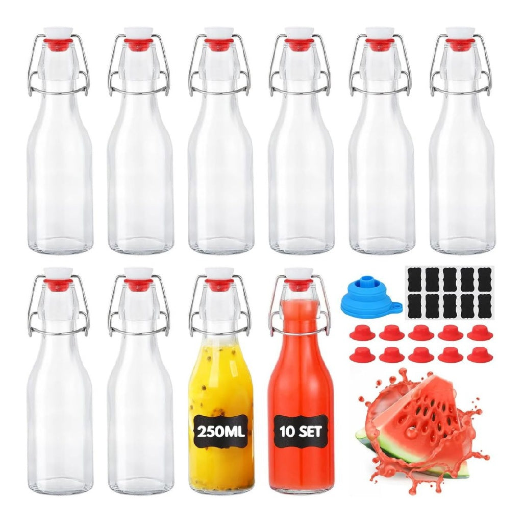 Lot de 10 Bouteilles Verre 250ml Bouchon Mécanique 10 Sceaux 10 Étiquettes Entonnoir destiné à Brassage du Bière Liqueurs Huile Jus Condiments