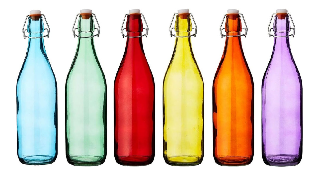 Bouteilles Bardrinkstuff en Verre Coloré à Couvercle Pivotant 1 Litre Bouteilles Rouge Bleu Orange Vert Jaune Violet Lot du 6