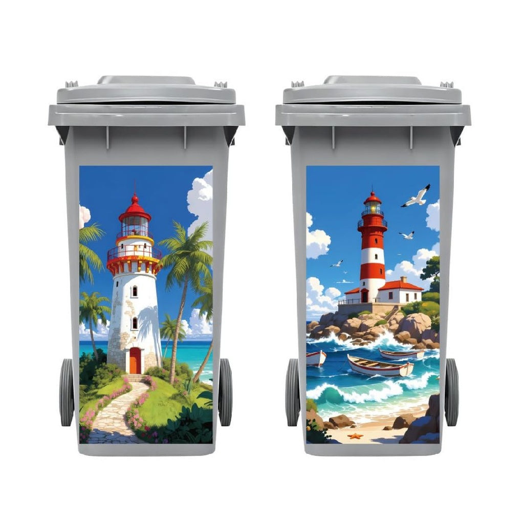 Lot du 2 Stickers Poubelle Phare au Bord de l’Océan Extérieure 38x82 cm Autocollants Décoratifs Jardin Grand Format Résistants aux Intémpéries Pour Poubelles Extérieures et Conteneurs