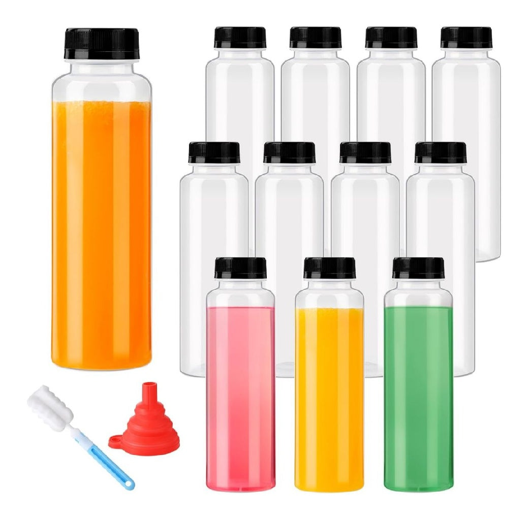 Lot 12 bouteilles de jus en plastique réutilisables résistantes à une chaleur avec couvercles antifuite 360 ml bouteilles à smoothie dans plastique vides passent au lavevaisselle